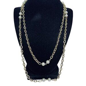 Single Strand Gold Tone Textured Cable Chain & Faux Pearl Necklace (5640)